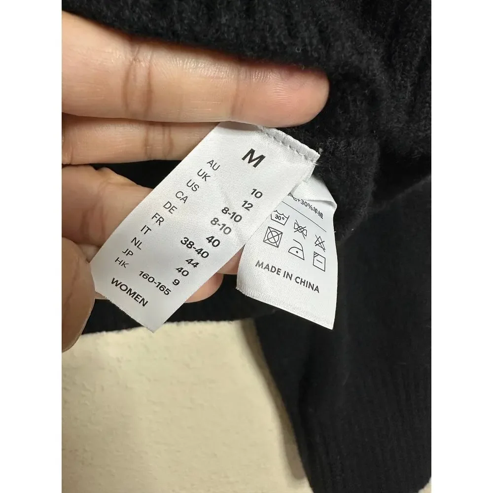 Lilysilk Ribbed Collar Hemline Wool Cashmere Sweater Black Cropped Mock Neck M